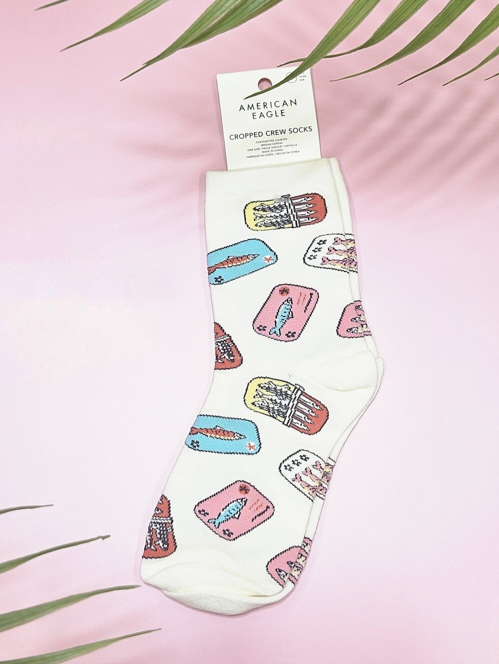 American Eagle Sardine Socks Cropped Crew Socks Cream Fish Novelty Trendy Gifts